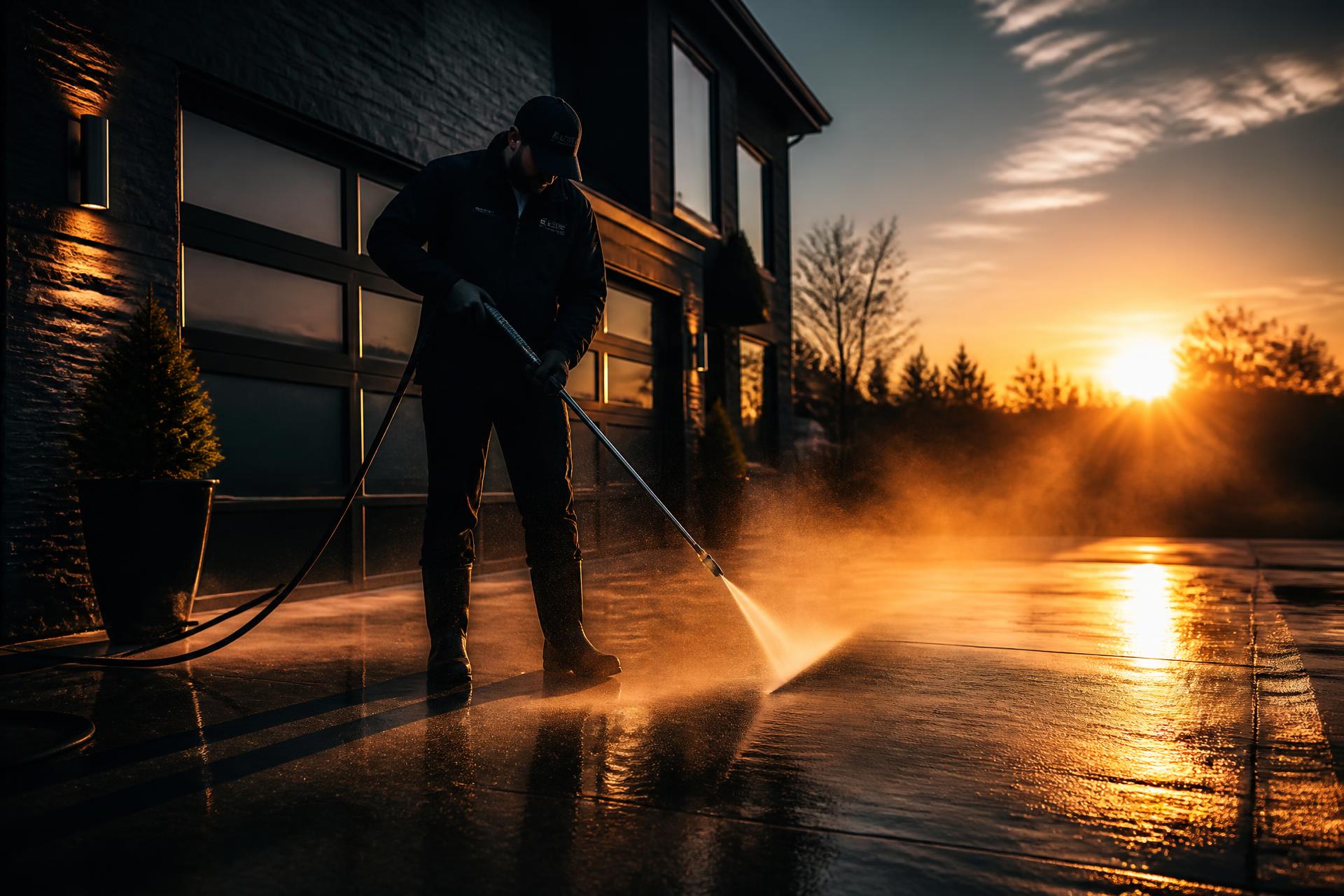 Professional pressure washing a driveway at sunset